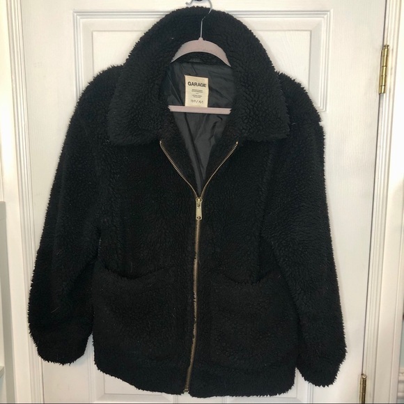 GARAGE Black Fuzzy Zip Up Teddy Coat Jacket small - Picture 2 of 6